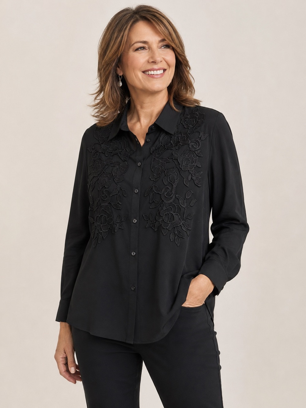 NEW Chicos Embroidered Button Down Top Women 4/XXL Black Cotton Dressy Western